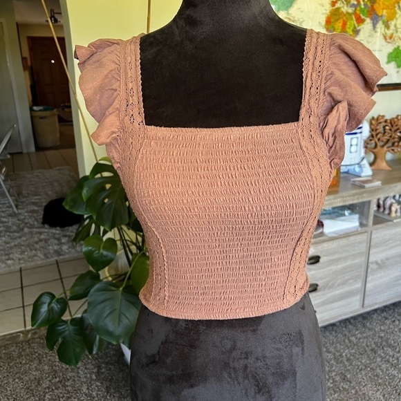 SO Tops - Women's Ruffled Sleeve Smocked Top - Tan